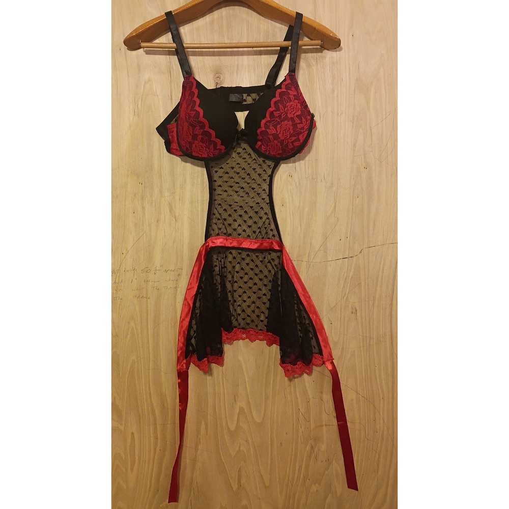 Black Heart Mesh Teddy Lingerie Red Lace Satin Tie. Babydoll Lingerie, Fairycore